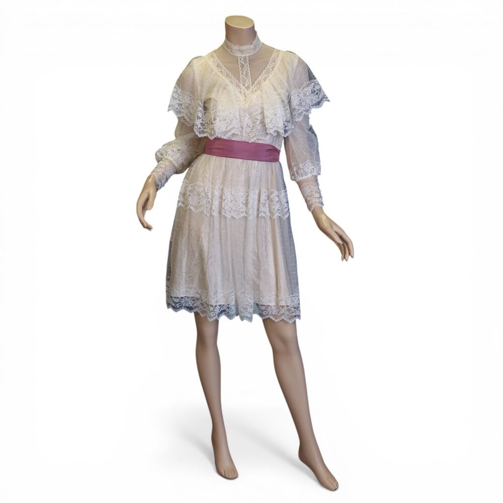 Vintage 1970s Sheer Lace Prairie Mini Dress – Romantic Boho Ivory – Size Small